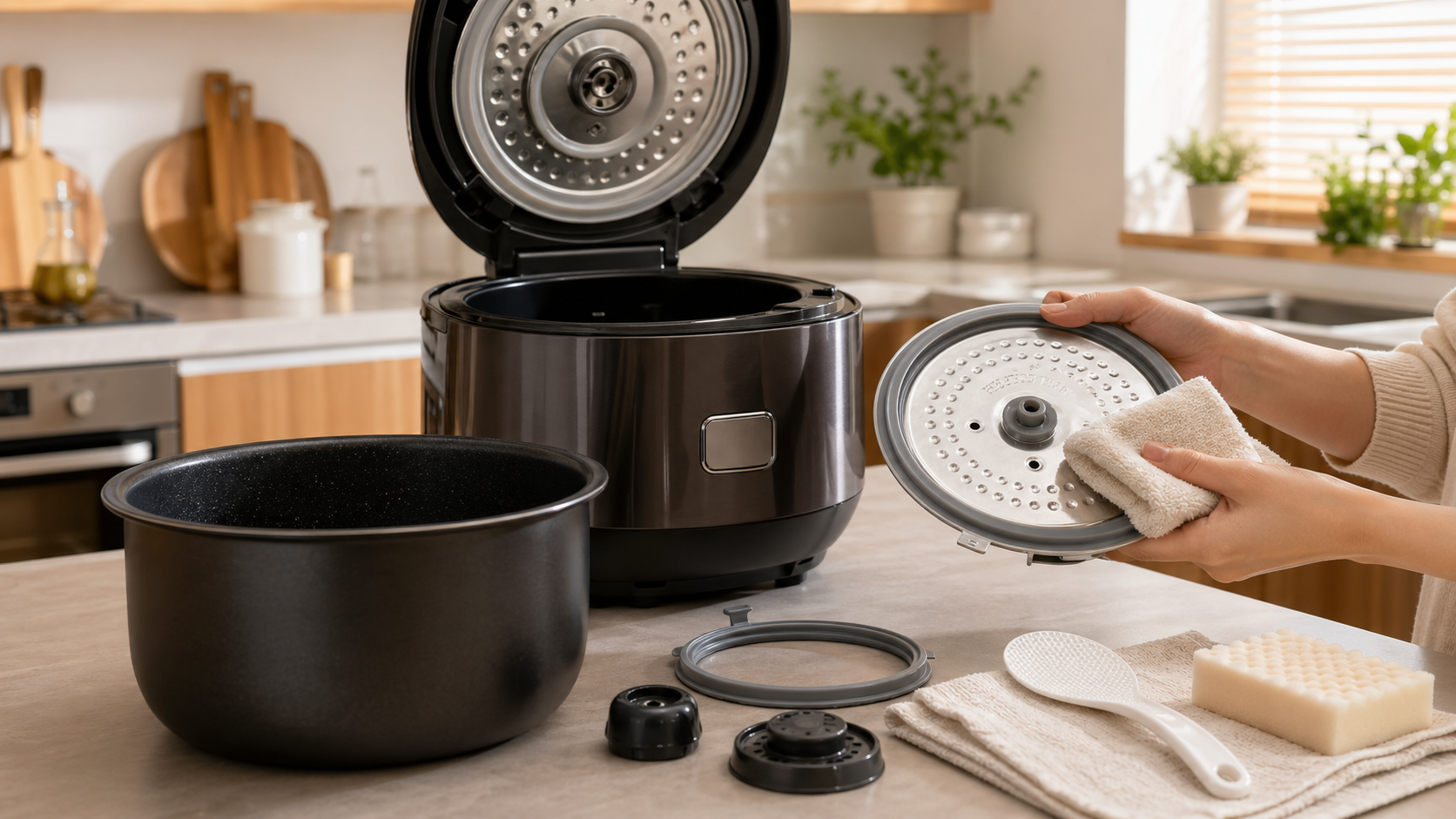 전기압력밥솥 분리형 커버, 고무패킹, 증기 배출구, 내솥 세척 관리 이미지