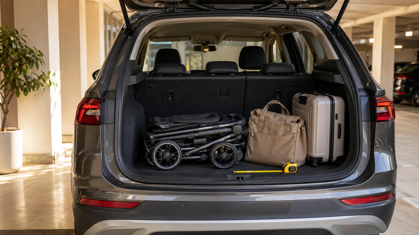 접힌 유모차를 자동차 트렁크에 넣어 수납 공간을 확인하는 이미지