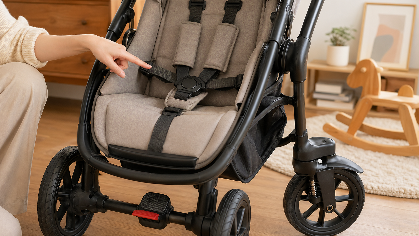 유모차 5점식 안전벨트와 브레이크, 바퀴 구조를 확인하는 이미지