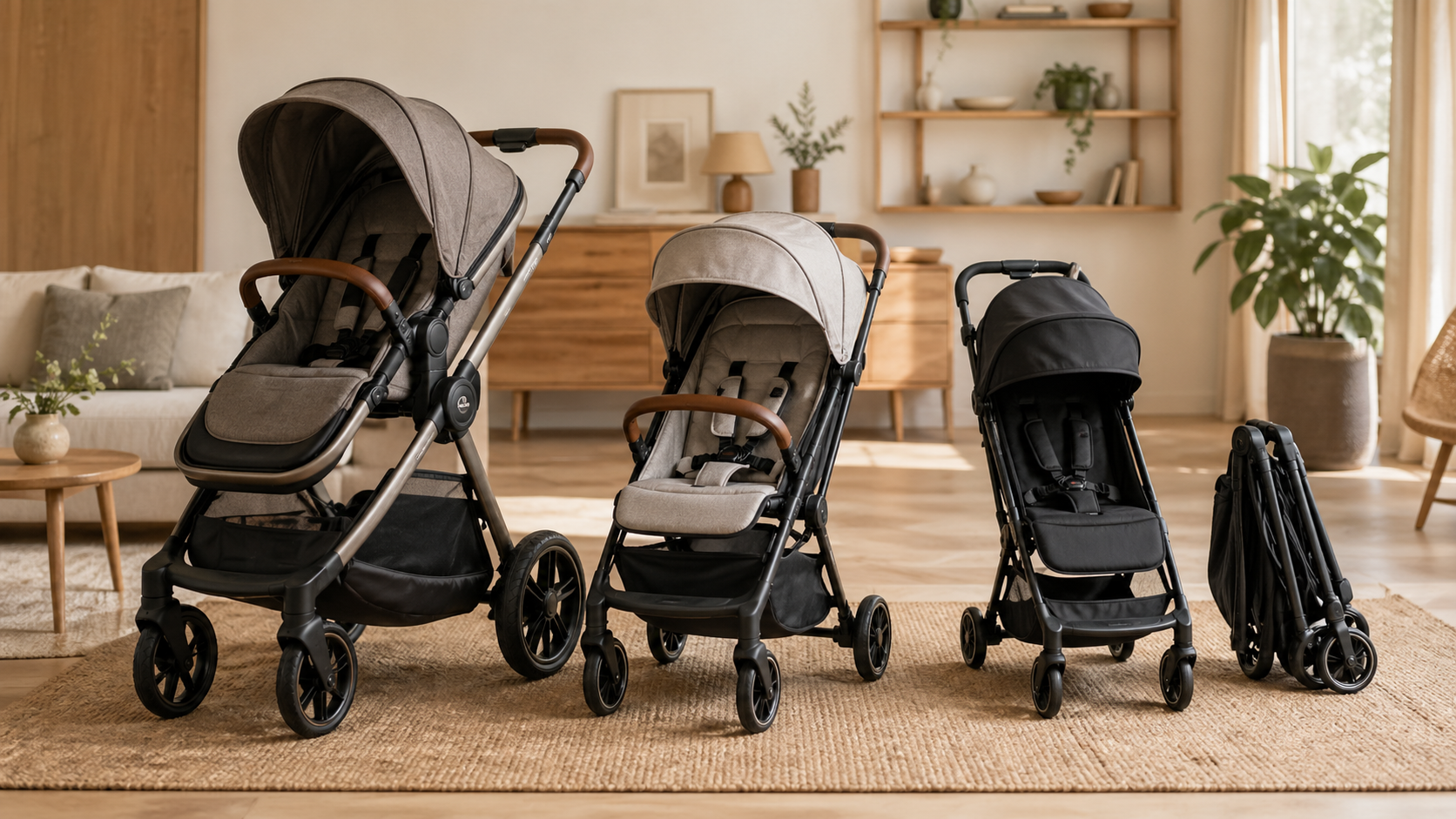 디럭스 유모차, 절충형 유모차, 휴대용 유모차 크기와 구조 비교 이미지