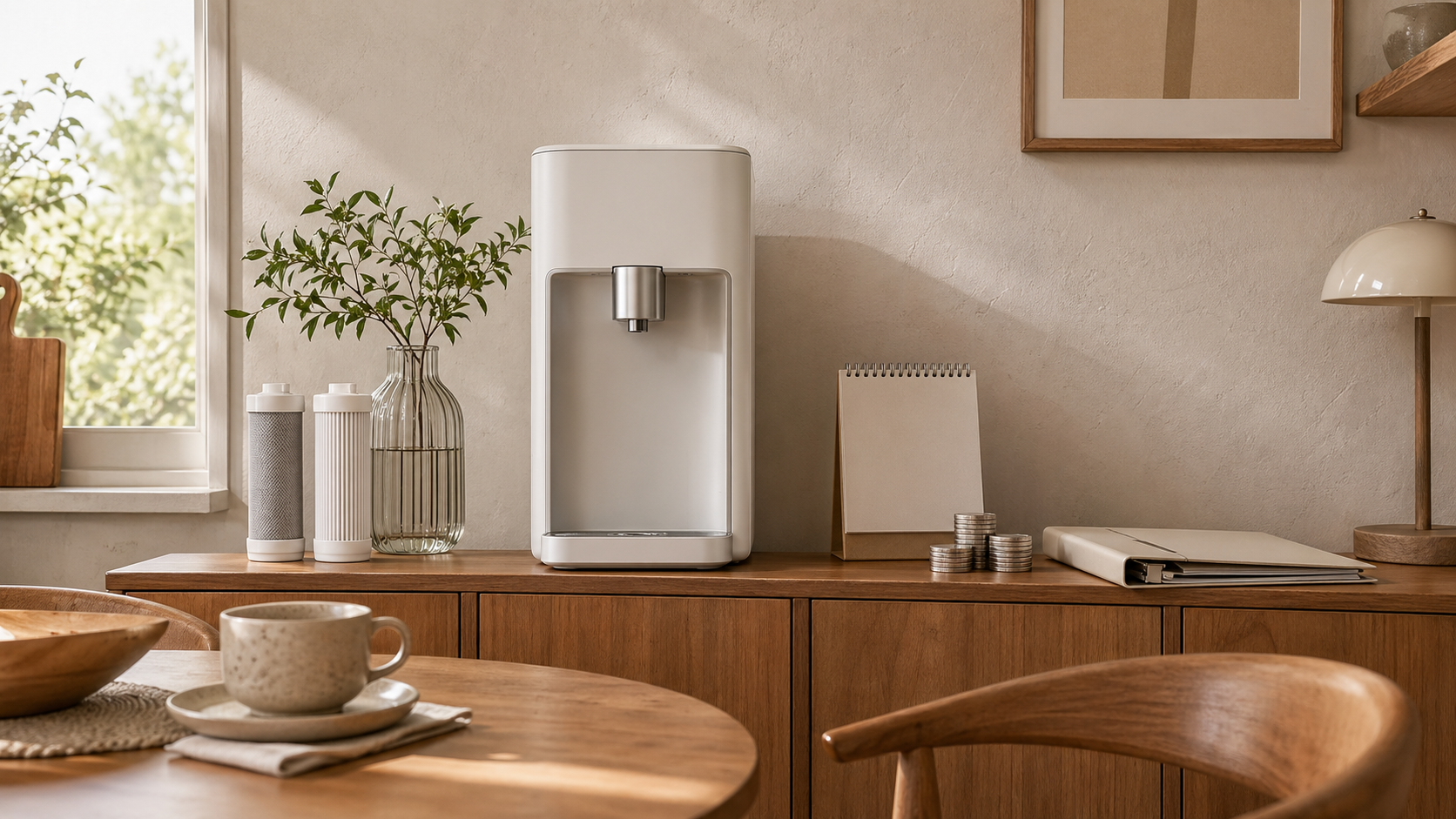 정수기 렌탈과 구매 비용, 필터 교체 비용을 상징하는 이미지