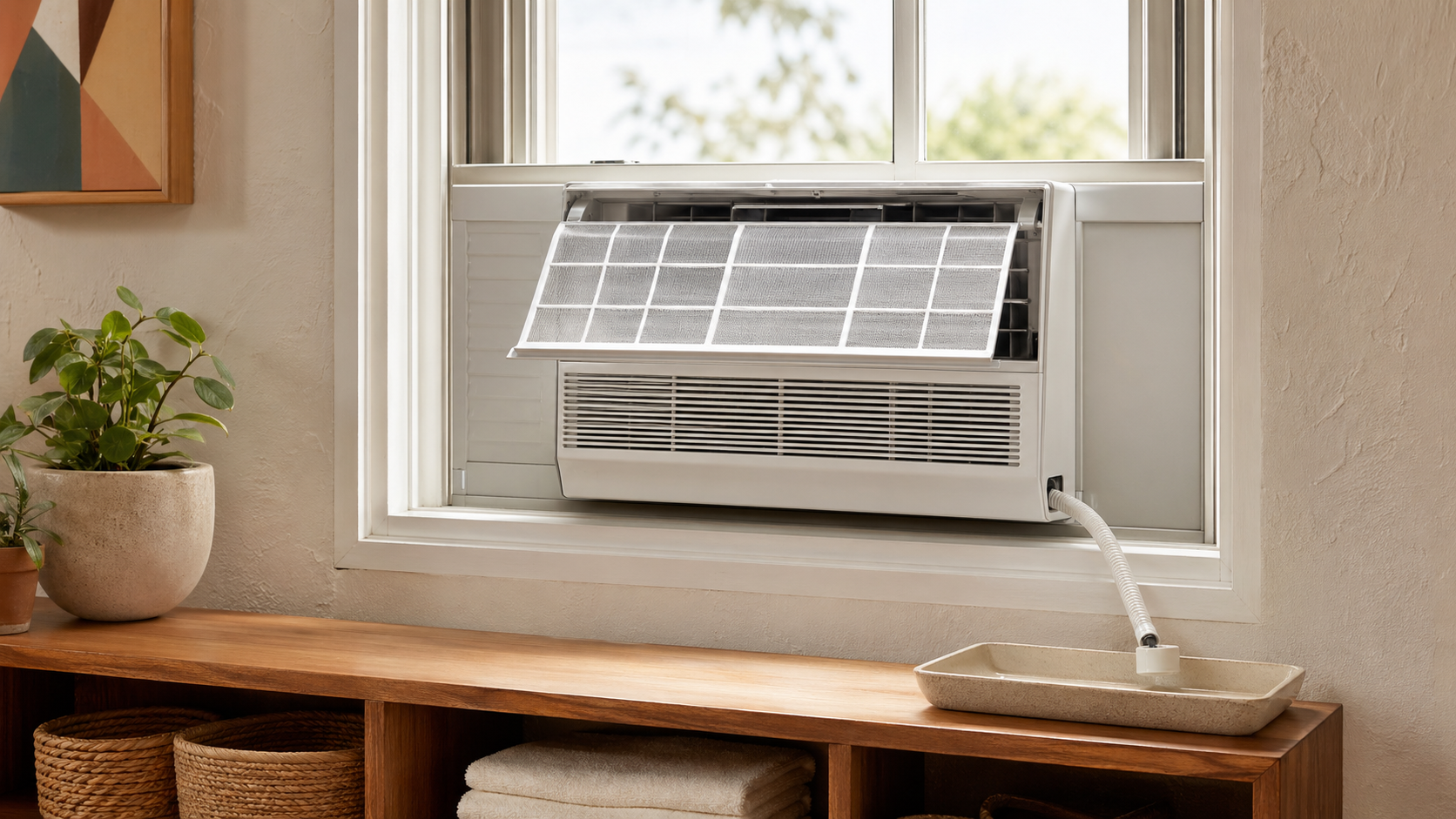 창문형 에어컨 필터 청소와 배수 상태 확인을 보여주는 관리 이미지